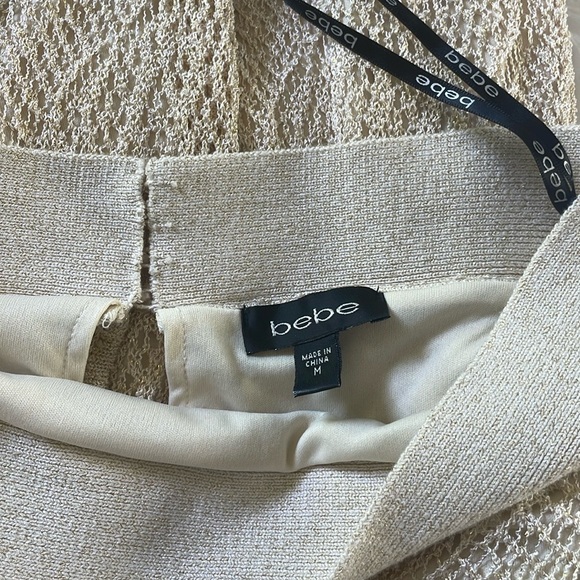 NWOT  bebe Metallic Gold Mini Crochet-Knit Halter A-Line Belted Dress, Size M - Picture 13 of 16